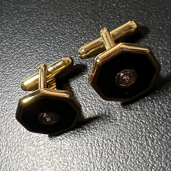 Vintage Mens Cufflinks Octagon Gold Tone Black Clear Center Stone - Picture 4 of 6
